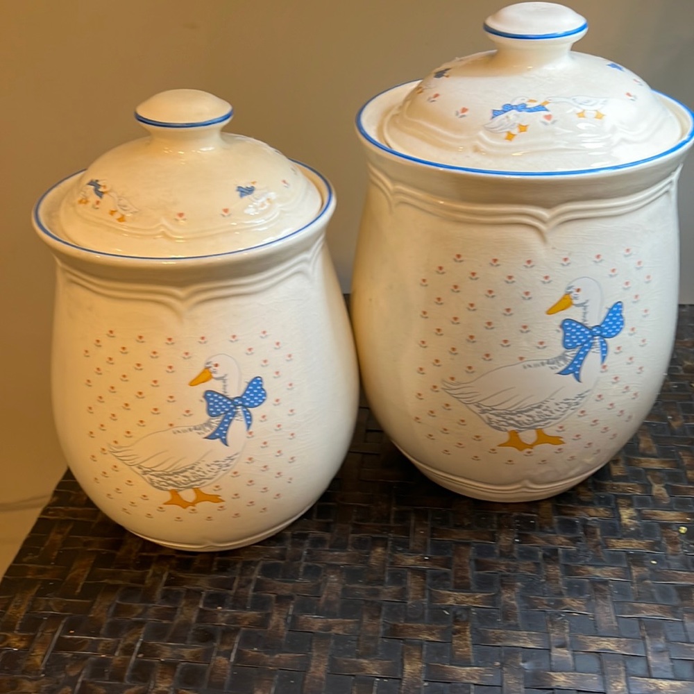 Vintage Brickoven Stoneware "Aunt Rhody" Canisters Country Blue Bow Geese Set 2